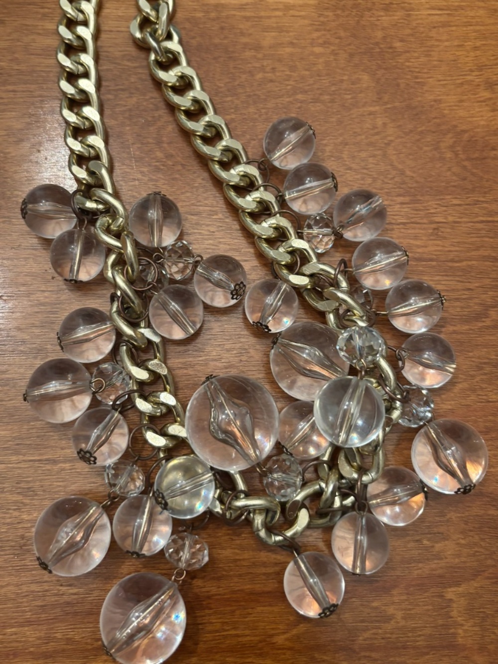 Chunky Gold Tone Chain Necklace with Clear Lucite Bead Charms